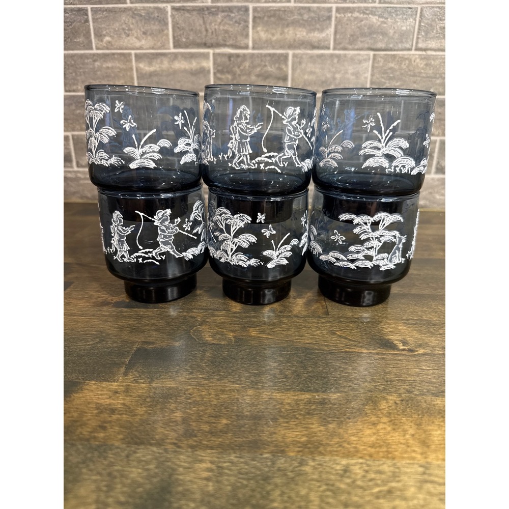 Vintage Libbey Mary Gregory hand painted libby blue drinking glasses set of 6
